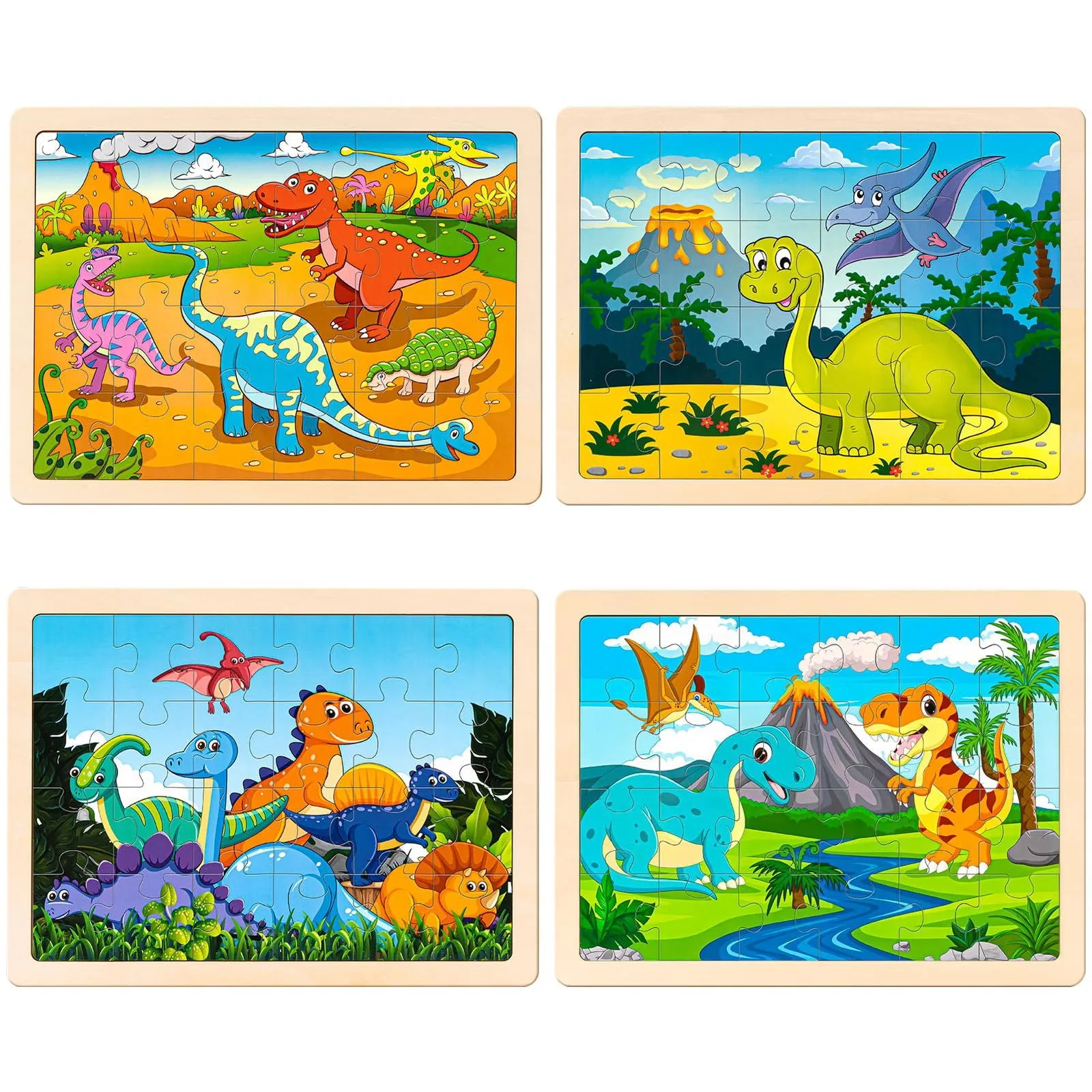 100 Pieces Deluxe Wooden Pastels Set with Blessing & 4 Packs Wooden Dinosaur Puzzles for Kids Ages 3-5 with Gift Case