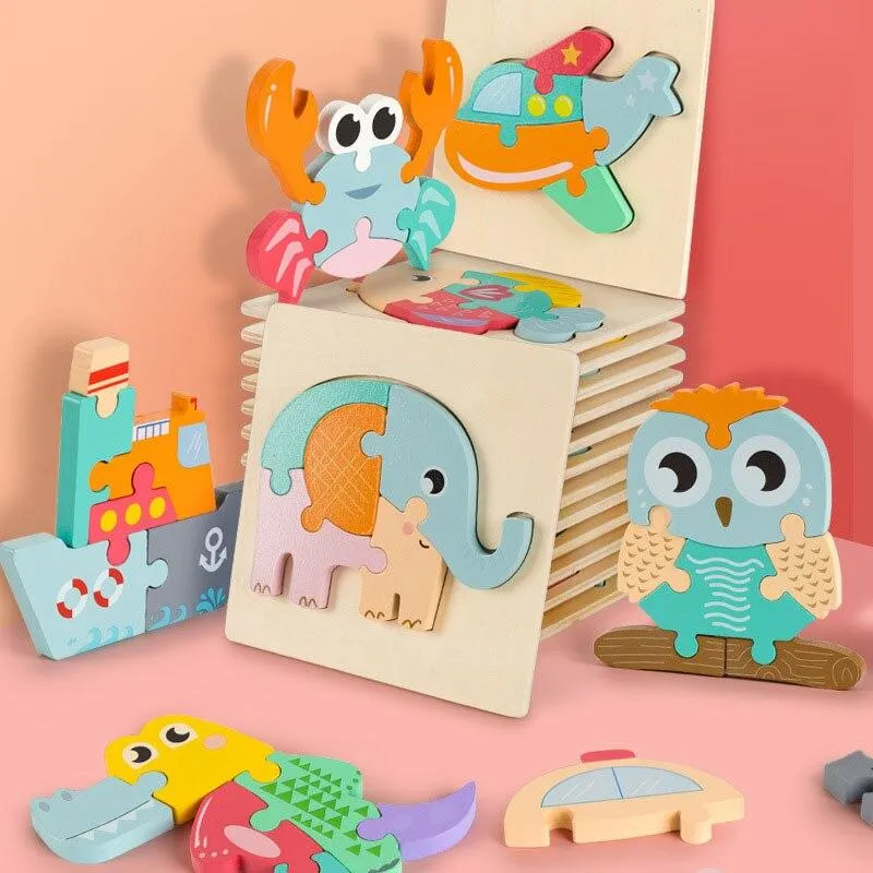 3D Wooden Puzzle Baby Toys Toddlers Children Early Educational Cartoon Animal Intelligence Puzzle Jigsaw High Quality