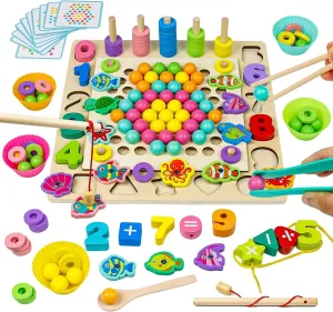 Magicwand 13-in-1 Wooden Puzzle Counting Sorting Stacking Art Clip Beads Fishing Chess Game