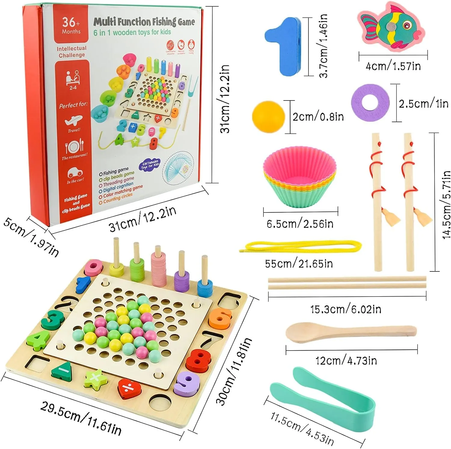 Magicwand 13-in-1 Wooden Puzzle Counting Sorting Stacking Art Clip Beads Fishing Chess Game