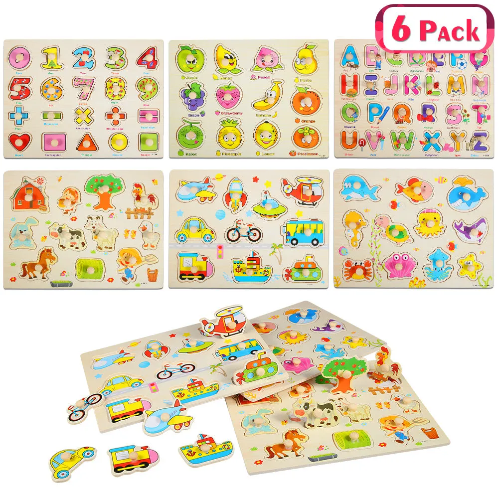 THINKMAX 6pcs Kids Wooden Peg Puzzles Board Toy Set